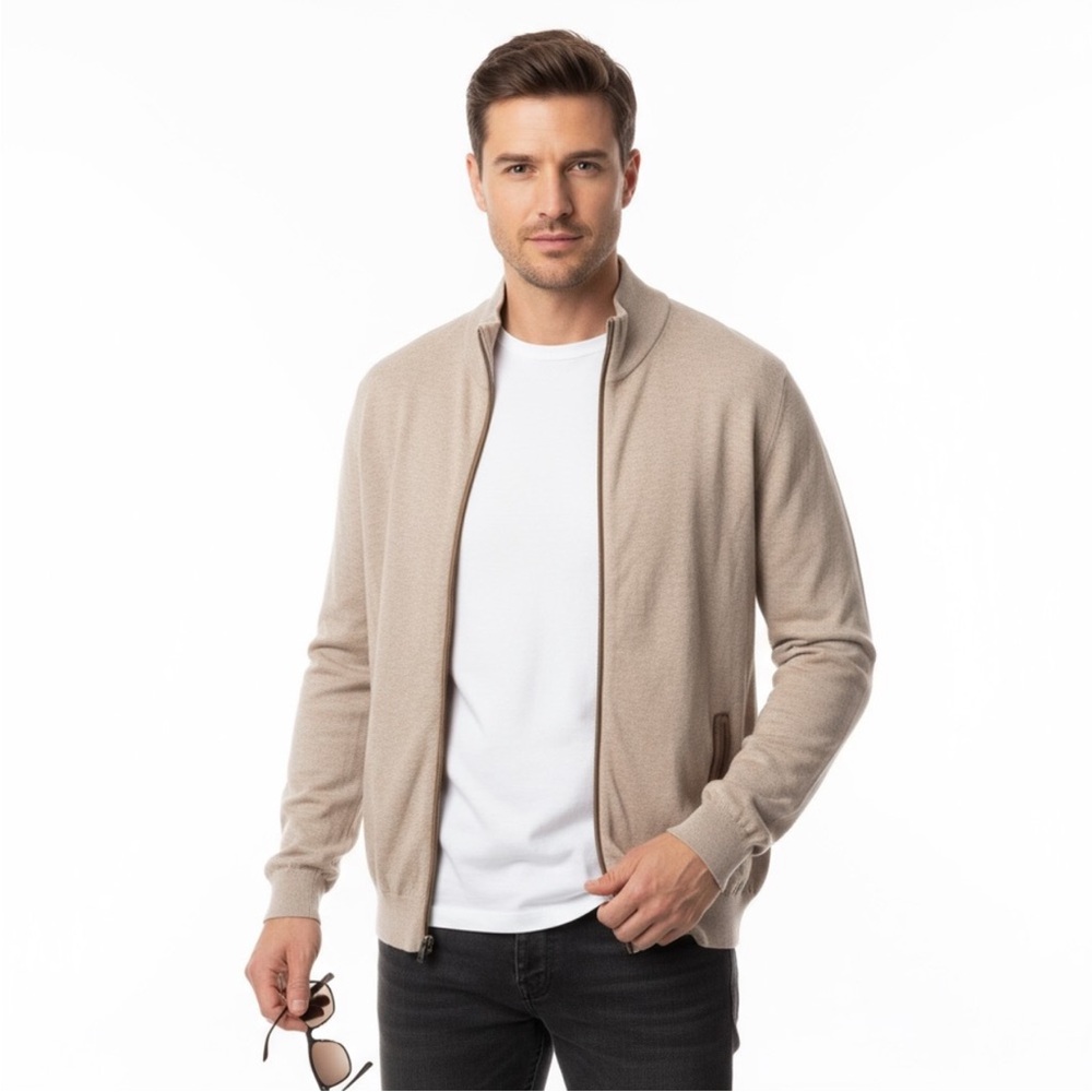 Massimo Dutti Men's Light Tan Zip-Up Sweater
